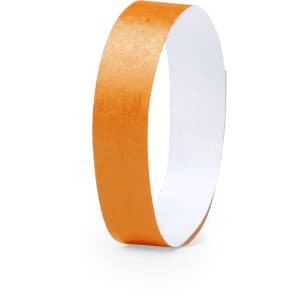 An orange event wristband with a smooth finish and a white interior, featuring a branding logo.