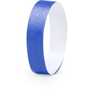 A blue wristband with a smooth finish, suitable for events, featuring a simple design and a logo.