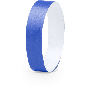 A blue wristband with a smooth finish and a white interior, featuring a logo.