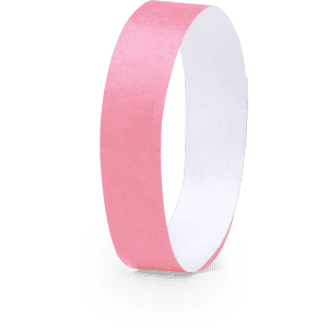 A pink wristband with a white interior, featuring a smooth texture and a simple design. It has a branding logo.