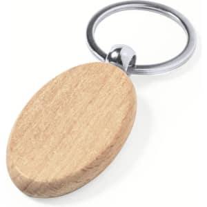 A wooden oval keyring with a shiny metal ring, featuring a smooth, natural finish.