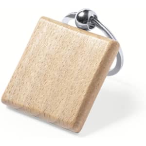 A natural wood keyring with a square shape and a shiny metal attachment.