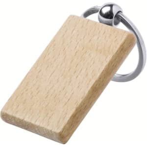 A wooden keyring with a smooth, natural finish and a metallic ring for attachment.
