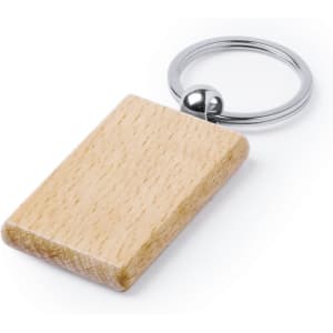 A wooden keyring with a rectangular shape and a metal ring attachment, featuring a natural wood finish.