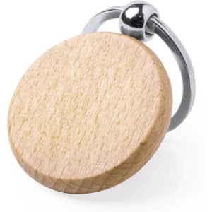 A wooden keyring with a smooth round top and a silver metal ring.
