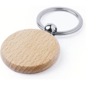 A wooden keyring with a circular natural wood pendant and a silver metal keyring attachment.