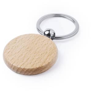 A wooden keyring with a round, natural finish and a silver metal keychain attachment.