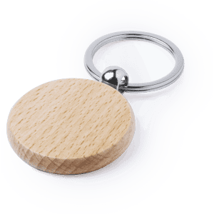 A wooden keyring with a circular wooden pendant and a metallic ring for attachment.