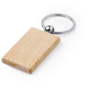 A wooden rectangular keyring with a silver metal ring attached. The keyring has a natural wood finish.