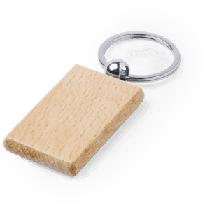A wooden rectangular keyring in a natural finish, attached to a silver metal ring.