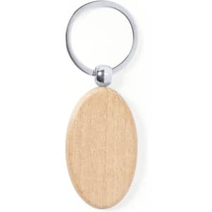 A wooden keyring with an oval shape and a silver metal ring. Simple and natural design.