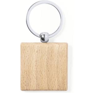 A wooden square keyring with a silver metal ring for attachment.