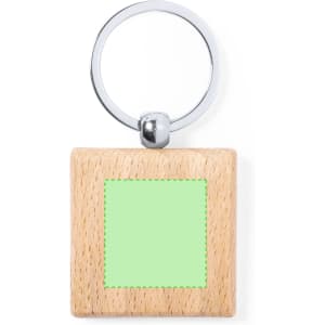 A wooden keyring with a square pendant and a metallic ring, featuring a green blank area for customisation.