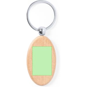 A wooden keyring featuring an oval shape with a silver ring and a blank green rectangular area for customisation.