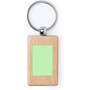 A wooden keyring with a rectangular shape and a metallic keychain loop, featuring a blank green area.