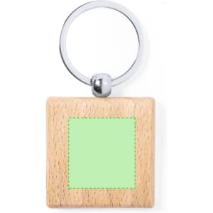 A wooden square keyring with a metal loop, featuring a blank green space for customisation.