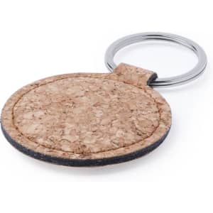 A round keyring featuring a natural cork design with a silver metal attachment.