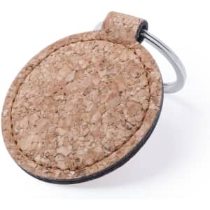 A cork keyring with a circular design and a silver metal ring, featuring a natural textured surface.