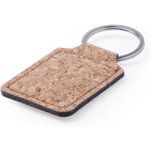 A cork-textured keyring featuring a silver metal ring, with a rectangular shape and dark edge.