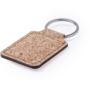 A cork keyring with a metal ring, featuring a textured surface in natural tones.
