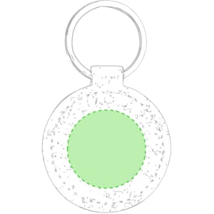 A round green keyring with a textured surface and a metal keyring attachment.