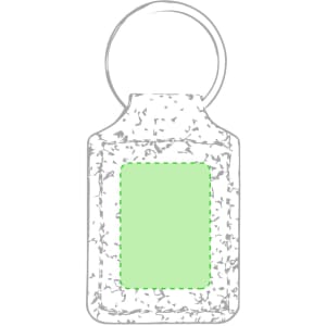 A keyring with a rectangular design, featuring a light green area for customisation and a circular attachment.