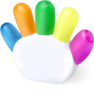 A highlighter set featuring five vibrant colours: blue, green, yellow, orange, and pink, with a white base design.