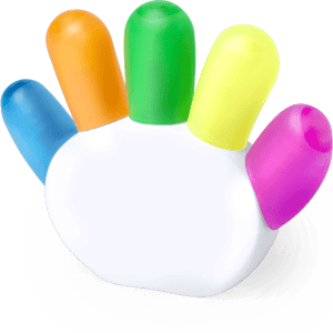 A highlighter set with five colourful tips: orange, green, yellow, pink, and blue, arranged in a hand shape with a white base.