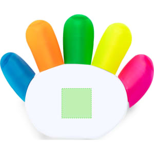 A hand-shaped highlighter set featuring orange, green, yellow, blue, and pink highlighters, with a blank square area.