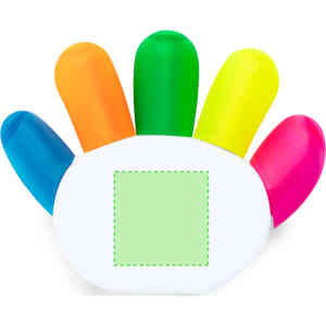 A hand-shaped highlighter set featuring orange, green, yellow, pink, and blue colours, with a blank square area.