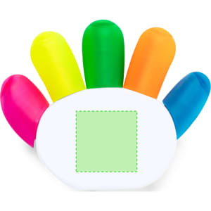 A hand-shaped highlighter set featuring five vibrant colours: pink, yellow, green, orange, and blue. It has a white base.