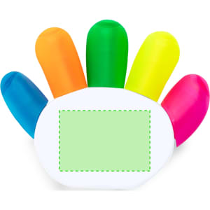 A highlighter set shaped like a hand with orange, green, yellow, pink, and purple tips. It has a space for labelling.