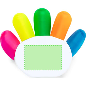 A highlighter set featuring five vibrant colours: pink, yellow, green, orange, and blue, in a hand-shaped design.