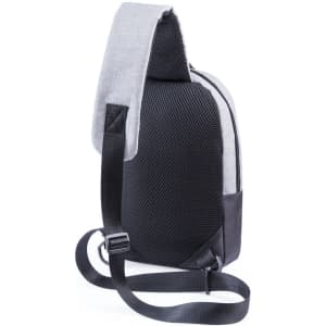 A grey and black shoulder bag with a textured finish and an adjustable strap. It features a branding logo.