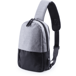 A grey and black shoulder bag with a single strap and multiple compartments. It features a logo on the side.