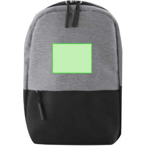 A grey and black shoulder bag with a logo area on the front. It features a zippered closure and a simple design.