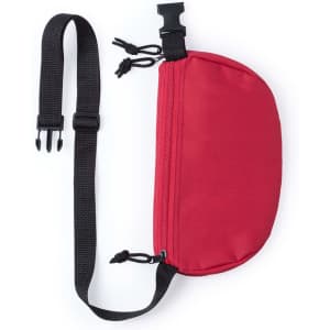 A red bum bag featuring a zip closure and adjustable straps, with a logo detail.