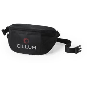 A black bum bag with a zippered compartment and an adjustable strap, featuring a logo.