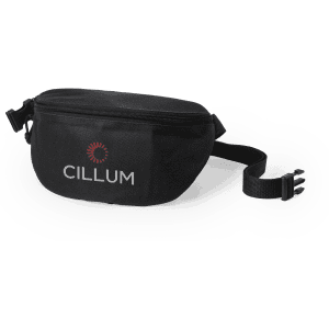 A black bum bag featuring a branding logo and a zippered compartment, with an adjustable strap.
