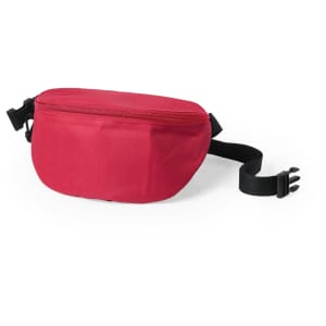 A red bum bag with a zippered pocket and adjustable strap, featuring a branded logo.
