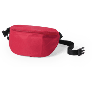 A red bum bag with a zip closure and adjustable strap, featuring a logo.