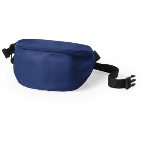 A navy waistbag with a zippered compartment and adjustable strap, featuring a branding logo.