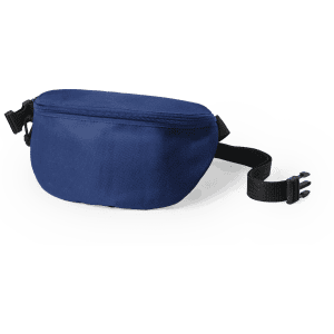 A navy bum bag with a zippered compartment and an adjustable strap. It features a logo on the front.