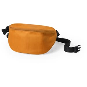 An orange Zunder Waistbag with a black adjustable strap and a zippered compartment. Features a logo.