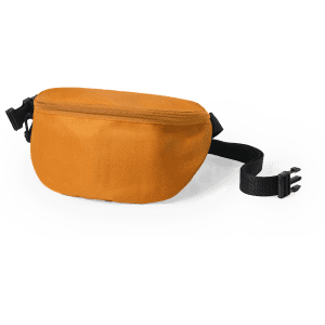A mustard yellow bum bag with a black strap and a simple logo on the front.