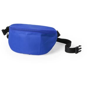 A blue bum bag with a zippered compartment and adjustable strap, featuring a logo on the front.