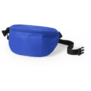 A blue bum bag with a zippered compartment and an adjustable strap. It features a logo.