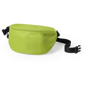 A lime green waist bag with a zippered compartment and an adjustable black strap, featuring a logo.