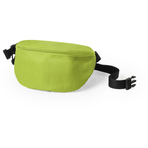 A lime green bum bag with a zippered compartment and an adjustable black strap. It features a branding logo.