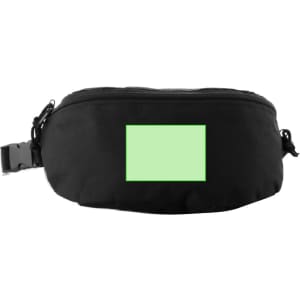 A black bum bag featuring a large green panel, designed with a zip closure and an adjustable strap.